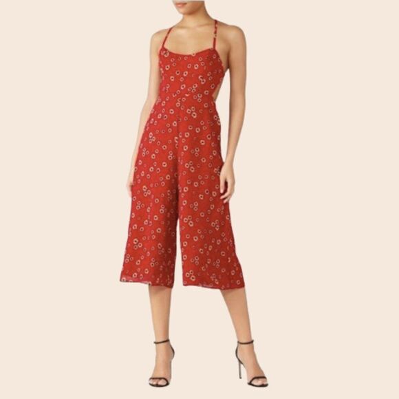 Fame & Partners Red Floral Bohemian Cropped Jumpsuit Size 2 - Picture 1 of 16